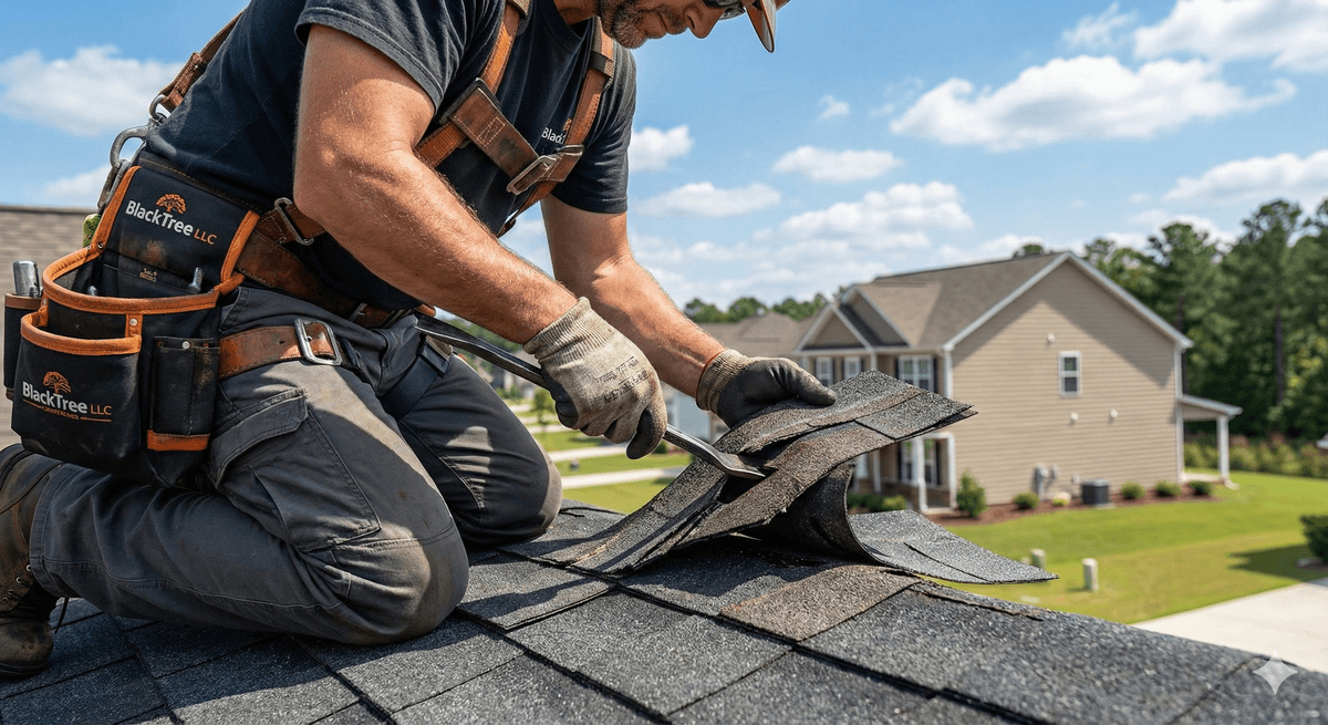 Damaged roof before repair in Suffolk VA - storm damage, missing shingles